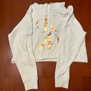 Calvin Klein White and Gold Cropped Hoodie/Sweatshirt
